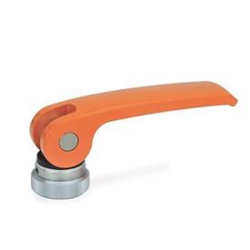 GN 927 Zinc Die-Cast Clamping Levers with Eccentrical Cam, Tapped Type, with Steel Components Type: A - Plastic contact plate with setting nut<br />Color: O - Orange, RAL 2004