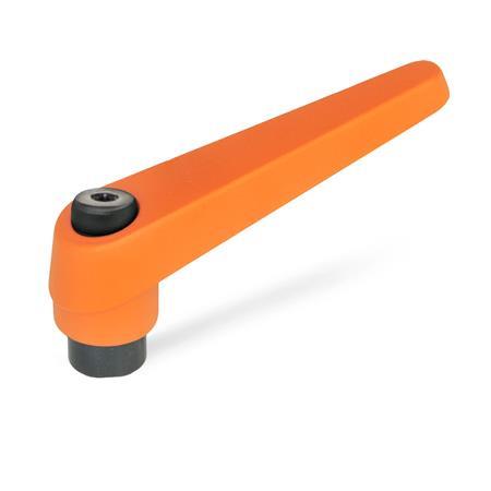 GN 101 Manijas ajustables de zinc fundido a presión, tipo roscado, con componentes de acero Color: OS - Naranja, RAL 2004, acabado texturizado