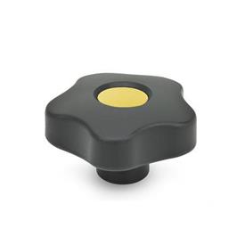 EN 5337.2 Technopolymer Plastic Five-Lobed Knobs, with Brass / Steel Tapped or Plain Blind Bore Insert Type: E - With cover cap (tapped blind bore)<br />Color of the cover cap: DGB - Yellow, RAL 1021, matte finish