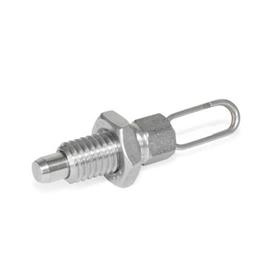 GN 717 Stainless Steel Indexing Plungers, Non Lock-Out, with Pull Ring / with Wire Loop Type: DK - With wire loop, with lock nut<br />Material: NI - Stainless steel