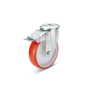 EN 22882 Steel / Stainless Steel Medium Duty Casters, Polyurethane Wheel Tread, Polyamide Wheel Core, Light Version Bearing type: G - Friction bearing<br />Bracket type: RF - Swivel bracket with center hole, with total lock brake<br />Coding: L - Light version<br />Bracket material: ST - Steel sheet metal