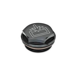 GN 742 Aluminum Fluid Fill / Drain Plugs, with or without Symbol, Resistant up to 356 °F Type: ESS - With fill symbol, black anodized finish<br />Identification no.: 1 - Without vent hole