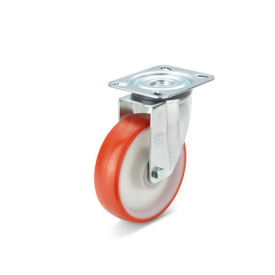 EN 22882 Steel / Stainless Steel Medium Duty Casters, Polyurethane Wheel Tread, Polyamide Wheel Core, Light Version Bearing type: K - Annular ball bearing<br />Bracket type: L - Swivel bracket with mounting plate<br />Coding: L - Light version<br />Bracket material: ST - Steel sheet metal