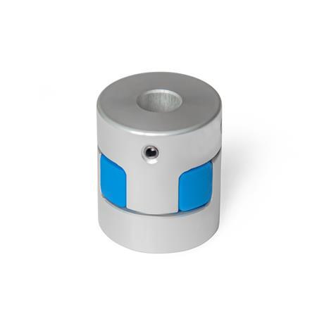 GN 2241 Acoplamientos con mordaza de elastómero / aluminio, núcleo con tornillo prisionero, con agujeros en sistema métrico o pulgadas Código del orificio: B - Sin ranura
Dureza: BS - 80 Shore A, azul