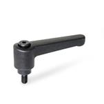 Manettes indexables droites en plastique nylon, de type goujon fileté, avec composants en acier