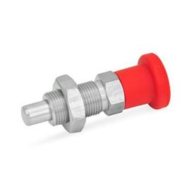 GN 817 Stainless Steel Indexing Plungers, Lock-Out and Non Lock-Out, with Multiple Pin Lengths, with Red Knob Material: NI - Stainless steel<br />Type: BK - Non lock-out, with lock nut<br />Color: RT - Red, RAL 3000