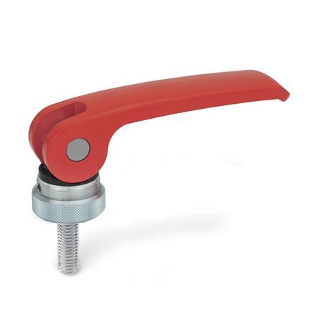 GN 927 Zinc Die-Cast Clamping Levers with Eccentrical Cam, Threaded Stud Type, with Steel Components Type: A - Plastic contact plate with setting nut
Color: R - Red, RAL 3000