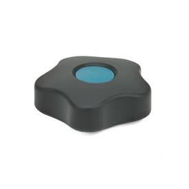 EN 5331 Technopolymer Plastic Five-Lobed Knobs, with Brass Square or Tapped Insert, Low Type, with Colored Cover Caps Type: B - With cover cap<br />Color of the cover cap: DBL - Blue, RAL 5024, matte finish