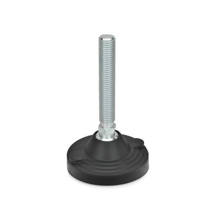 EN 245 Steel Leveling Feet, Plastic Base, Threaded Stud Type with Spherical Seating, with Mounting Holes Type: A - Without nut, without rubber pad