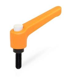 WN 303 Nylon Plastic Adjustable Levers with Push Button, Threaded Stud Type, with Blackened Steel Components Lever color: OS - Orange, RAL 2004, textured finish<br />Push button color: G - Gray, RAL 7035