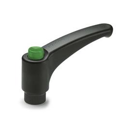 EN 603.1 Technopolymer Plastic Adjustable Levers, Ergostyle®, with Push Button, Tapped Type, with Stainless Steel Components Color: DGN - Green, RAL 6017, shiny finish