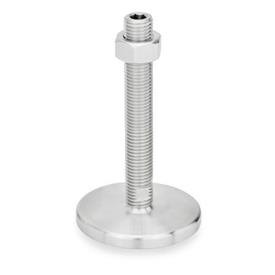 GN 21 Inch Thread, Stainless Steel Leveling Feet, Tapped Socket or Threaded Stud Type, with Turned Base, without Mounting Holes Type (Base): D0 - Fine turned, without rubber pad<br />Version (Stud / Socket): UK - With nut, internal hex at the top, wrench flat at the bottom