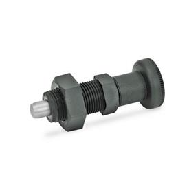 EN 617.2 Plastic Indexing Plungers, with Stainless Steel Plunger Pin, Lock-Out and Non Lock-Out Material: NI - Stainless steel<br />Type: BK - Non lock-out, with lock nut