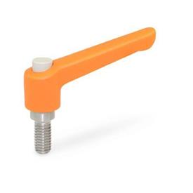WN 303.1 Nylon Plastic Adjustable Levers with Push Button, Threaded Stud Type, with Stainless Steel Components Lever color: OS - Orange, RAL 2004, textured finish<br />Push button color: G - Gray, RAL 7035