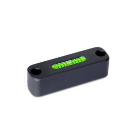 GN 2283 Aluminum Screw-On Spirit Levels, with Mounting Holes Color: ALS - Anodized finish, black<br />Sensitivity: 6 - Angular minutes, bubble moves by 2 mm<br />Type: AV - Aligned, mounting from the front