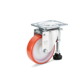 EN 22882 Steel Medium Duty Casters, Polyurethane Wheel Tread, Polyamide Wheel Core, Light Version, with Leveling Foot Bearing type: G - Friction bearing<br />Bracket type: S - Turning bracket with mounting plate, with leveling foot<br />Coding: L - Light version<br />Bracket material: ST - Steel sheet metal