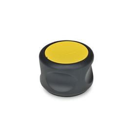 EN 624.5 Perillas de agarre suaves, de plástico tecnopolímero, Ergostyle®, con núcleo de acero inoxidable Color del tapón: DGB - Amarillo, RAL 1021, acabado mate