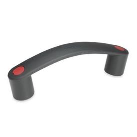EN 628.3 Jaladeras de puente flexibles de plástico tecnopolímero, con agujeros de montaje avellanados, Ergostyle® Color del tapón: DRT - Rojo, RAL 3000, acabado mate