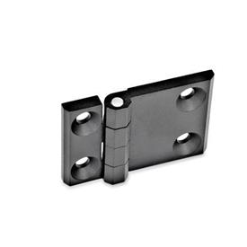 GN 237 Bisagras de zinc fundido a presión con ala de bisagra extendida Material: ZD - Zinc fundido a presión<br />Tipo: A - 2x2 orificios para tornillos avellanados<br />Acabado: SW - Negro, RAL 9005, acabado texturizado<br />Scharnierflügel: l3 ≠ l4