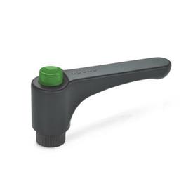 EN 600 Technopolymer Plastic Straight Adjustable Levers, with Push Button, Tapped Type, with Brass Components, Ergostyle® Color of the push button: DGN - Green, RAL 6017, shiny finish
