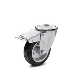 EN 22874 Steel Medium Duty Casters, Rubber Wheel Tread, Steel Sheet Metal Wheel Core, Light Version Bearing type: G - Friction bearing<br />Bracket type: RF - Swivel bracket with center hole, with total lock brake<br />Coding: L - Light version<br />Bracket material: ST - Steel sheet metal