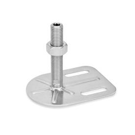 GN 43 Inch Thread, Stainless Steel Leveling Feet, Tapped Socket or Threaded Stud Type, with Slotted Mounting Hole, Rectangular Shape Type (Base): G0 - Without rubber pad, with 2 slotted holes<br />Version (Stud / Socket): UK - With nut, internal hex at the top, wrench flat at the bottom