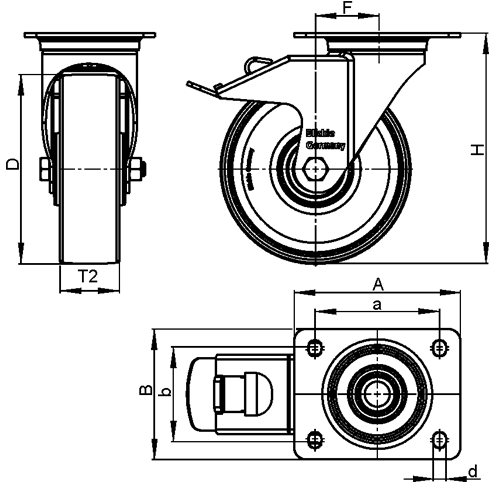 LK-POTH Steel Medium Duty Swivel Caster with Polyurethane Treaded Wheel, with Plate Mounting, Medium-Heavy Duty Bracket Series sketch