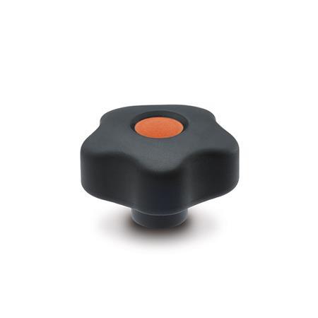 EN 5337.6 Technopolymer Plastic Five-Lobed Knobs, with Brass Tapped Insert with Colored Cover Caps, Softline Color of the cover cap: DOR - Orange, RAL 2004, matte finish