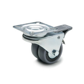 EN 22870 Steel Light Duty Casters, Rubber Wheel Tread, Polypropylene Wheel Core, Double Wheel Version Bearing type: G - Friction bearing<br />Bracket type: LF - Swivel bracket with mounting plate, with total lock brake<br />Coding: D - Double wheel version