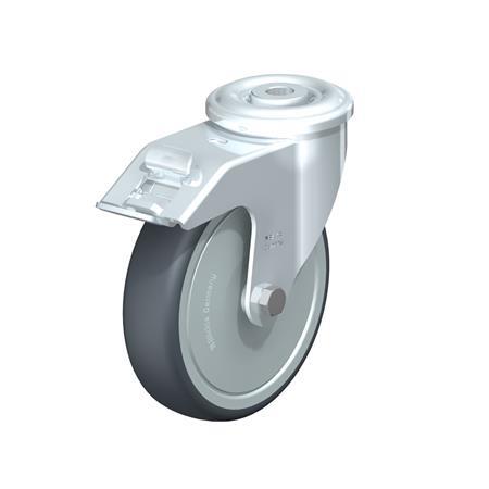 LER-TPA Rodajas giratorias de acero de servicio ligero, ajuste con agujero para perno, ruedas de caucho termoplástico Type: K-FI-FK - Cojinete de bolas con freno «stop-fix», con protección anti-hilos