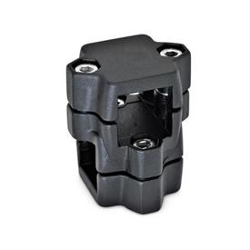 GN 134 Aluminum Two-Way Connector Clamps, Split Assembly d1/s1: V - Square<br />d2/s2: V - Square<br />Finish: SW - Black, RAL 9005, textured finish