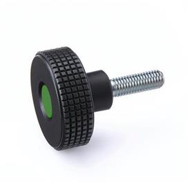 EN 534 Technopolymer Plastic Diamond Cut Knurled Knobs, with Steel Threaded Stud, with Colored Cap Cover cap color: DGN - Green, RAL 6017, matte finish