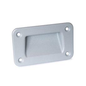 GN 7330 Zinc Die-Cast Gripping Trays, Screw-In Type Type: A - Mounting from the operator's side (for identification no. 2 with four countersunk sealing screws)<br />Identification no.: 1 - Without seal<br />Finish: SR - Silver, RAL 9006, textured finish