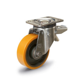 EN 22887 Steel Medium Duty Casters, Polyurethane Wheel Tread, Cast Iron Wheel Core, Medium Version Bearing type: K - Annular ball bearing<br />Bracket type: LF - Swivel bracket with mounting plate, with total lock brake<br />Coding: M - Medium version<br />Bracket type: ST - Steel sheet metal