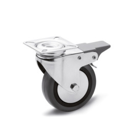 EN 22870 Steel Light Duty Casters, Rubber Wheel Tread, Polypropylene Wheel Core, Light Version Bearing type: G - Friction bearing<br />Bracket type: LF - Swivel bracket with mounting plate, with total lock brake<br />Coding: L - Light version