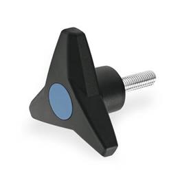 EN 533 Technopolymer Plastic Three-Lobed Knobs, with Steel Threaded Stud Color of the cover cap: DBL - Blue, RAL 5024, matte finish