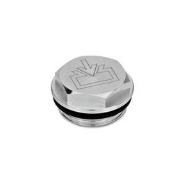 GN 741 Tapones de llenado / drenaje de líquido, de aluminio, con o sin símbolo, resistente hasta 212 °F Tipo: ES - Con símbolo de llenado, acabado liso<br />Identificación núm.: 1 - Sin perforación de ventilación