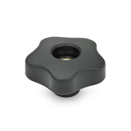 Boutons à cinq lobes EN 5337.7: Plastique, avec insert traversant taraudé en inox