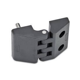 EN 155 Charnières en plastique, différents type de montage Type: F - 2x goujons filetés/2x alésages pour vis à 6 pans creux