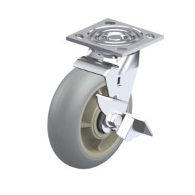 WN 22872.1 Steel Medium Duty Casters, Rubber Wheel Tread, Polypropylene Wheel Core, Medium Version, Round Tread Bracket type: LF - Swivel bracket with mounting plate, with wheel brake