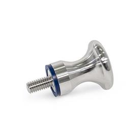 GN 75.6 Stainless Steel Mushroom Shaped Knobs, with Tapped Hole or Threaded Stud, Hygienic Design Type: E - With threaded stud<br />Finish: PL - Polished finish (Ra < 0.8 µm)<br />Sealing ring material: H - H-NBR
