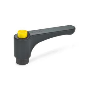 EN 600 Technopolymer Plastic Straight Adjustable Levers, with Push Button, Tapped Type, with Brass Components, Ergostyle® Color of the push button: DGB - Yellow, RAL 1021, shiny finish