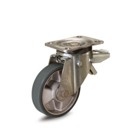 EN 22885 Steel Medium Duty Casters, Polyurethane Wheel Tread, Aluminum Wheel Core, Medium Version Bearing type: K - Annular ball bearing<br />Bracket type: LF - Swivel bracket with mounting plate, with total lock brake<br />Coding: M - Medium version<br />Bracket material: STE - Steel sheet metal