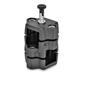 GN 134.7 Aluminium, noix de serrage orthogonales, avec option de positionnement Type: R - Avec doigt d'indexage<br />Couleur: SW - Noir, RAL 9005, finition texturée