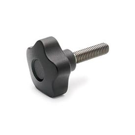 EN 5337.7 Technopolymer Plastic Five-Lobed Knobs, with Stainless Steel Threaded Stud Color of the cover cap: DSW - Black, RAL 9005, matte finish