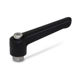 WN 300.1 Nylon Plastic Adjustable Levers, Tapped or Plain Bore Type, with Stainless Steel Components Color: SW - Black, RAL 9005, textured finish