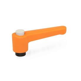 WN 304 Nylon Plastic Straight Adjustable Levers with Push Button, Tapped or Plain Bore Type, with Steel Components Lever color: OS - Orange, RAL 2004, textured finish<br />Push button color: G - Gray, RAL 7035