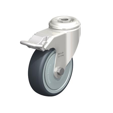  LKRXA-TPA Stainless Steel Light Duty Swivel Casters with Thermoplastic Rubber Wheels and Bolt Hole Fitting, Heavy Bracket Series Type: KD-FI-FK - Ball bearing seals with stop-fix brake, with thread guard