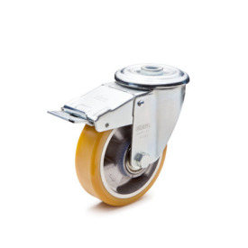 EN 22885 Steel Medium Duty Casters, Polyurethane Wheel Tread, Aluminum Wheel Core, Light Version Bearing type: K - Annular ball bearing<br />Bracket type: RF - Swivel bracket with center hole, with total lock brake<br />Coding: L - Light version<br />Bracket material: ST - Steel sheet metal