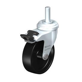  LRA-POA Rodajas giratorias de acero con ruedas de nylon negro,montaje con agujero para perno o vástago roscado, serie de soportes estándar Type: G-FI-GS - Cojinete liso con «stop-fix», vástago roscado